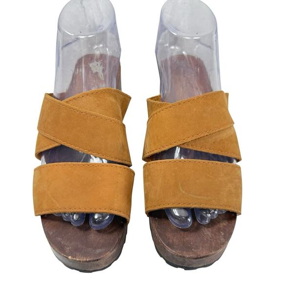 Candies Chunky Sandals Size 7 Vintage Y2K Wooden Clog Platform Camel Tan Leather - Picture 2 of 9